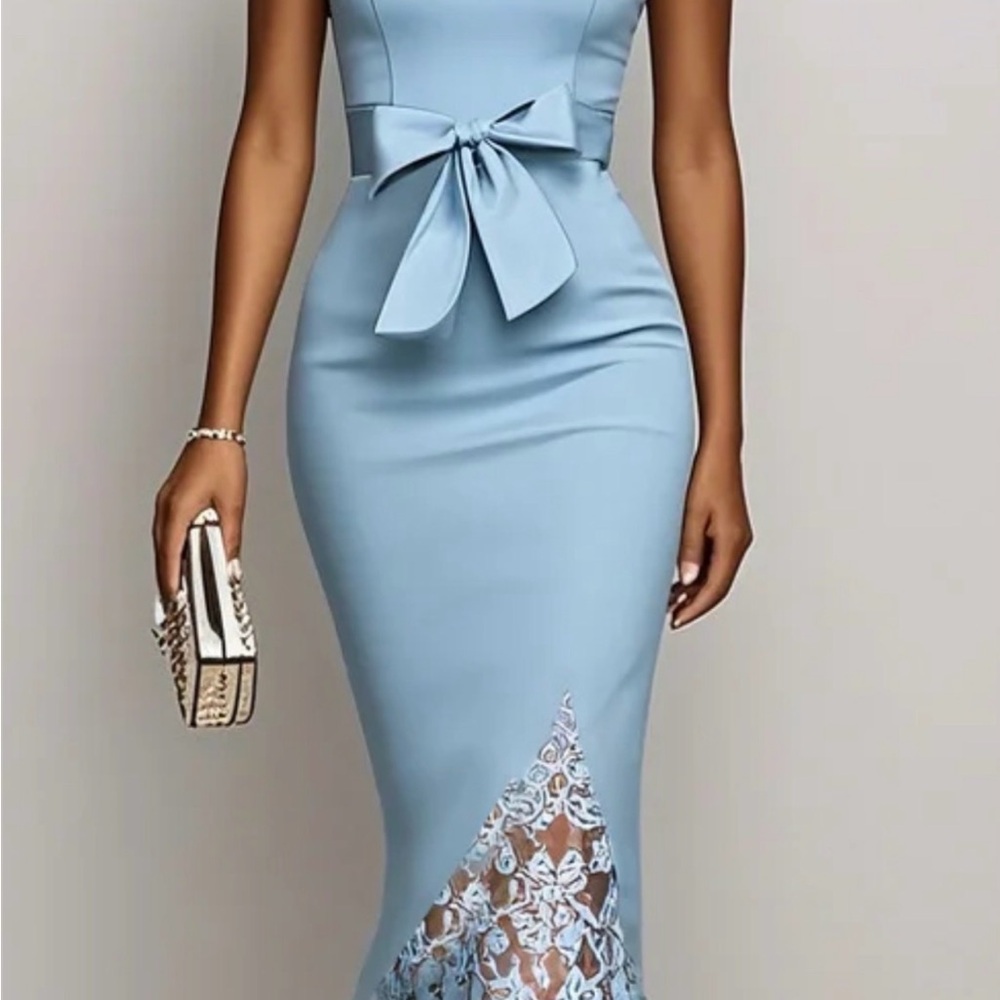 Bow-Waist Light Blue Maxi Dress with Lace Panel
